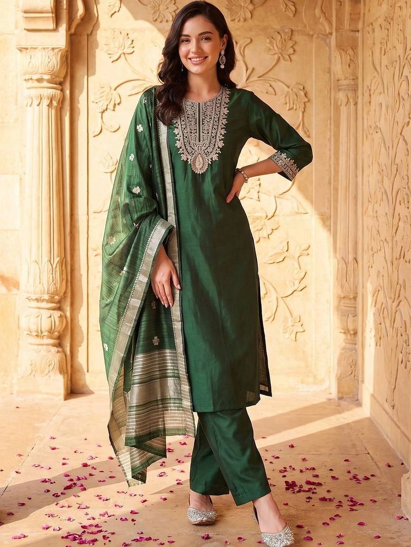 women ethnic motifs embroidered regular thread work liva kurta with trousers & with dupatta
