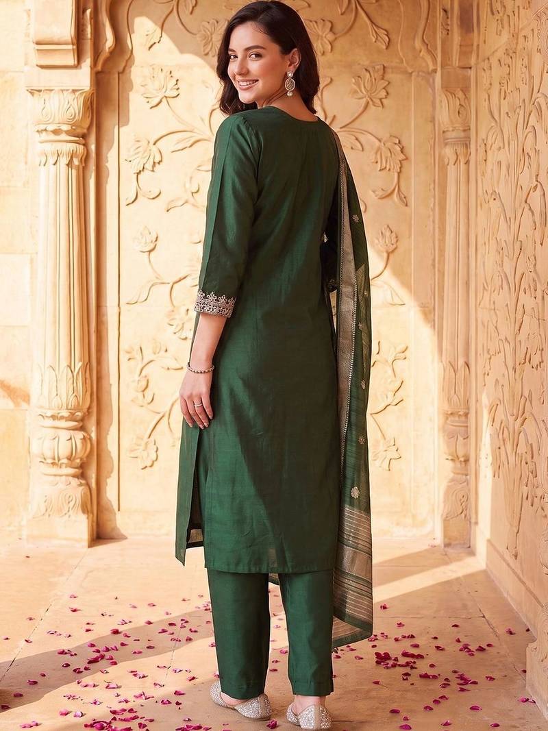 women ethnic motifs embroidered regular thread work liva kurta with trousers & with dupatta