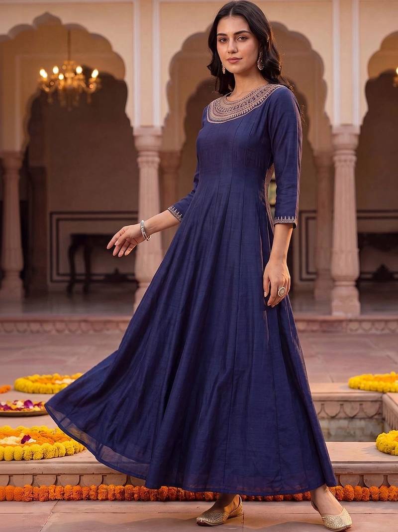 women ethnic motifs embroidered empire thread work kurta with pyjamas
