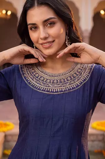 women ethnic motifs embroidered empire thread work kurta with pyjamas