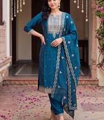 women ethnic motifs embroidered regular thread work kurta with trousers & with dupatta