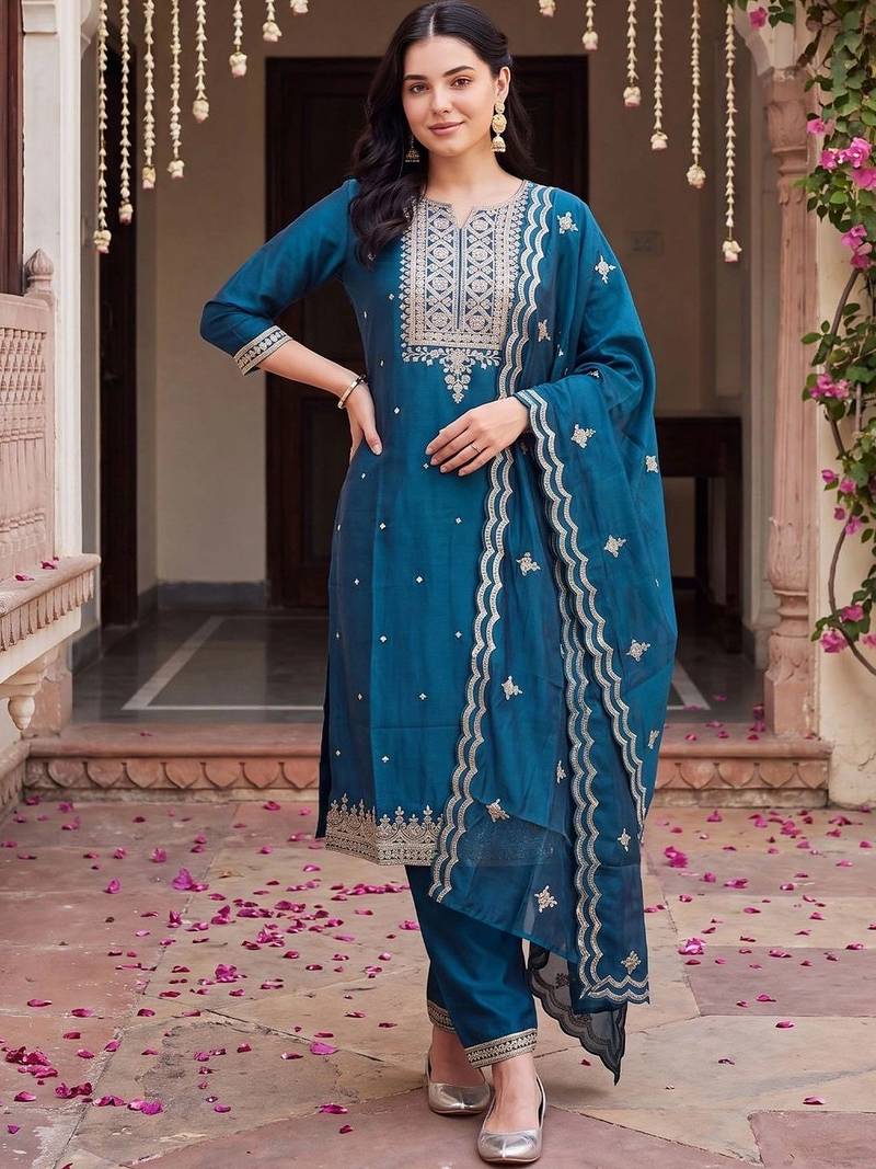 women ethnic motifs embroidered regular thread work kurta with trousers & with dupatta