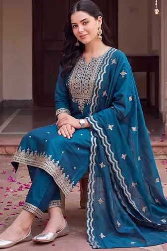 women ethnic motifs embroidered regular thread work kurta with trousers & with dupatta