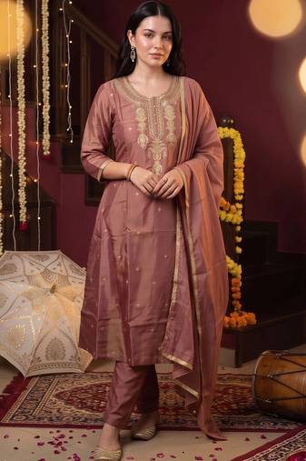 women ethnic motifs embroidered regular kurta with trousers & with dupatta