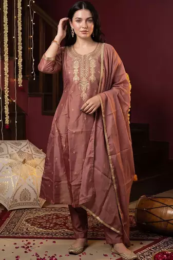 women ethnic motifs embroidered regular kurta with trousers & with dupatta