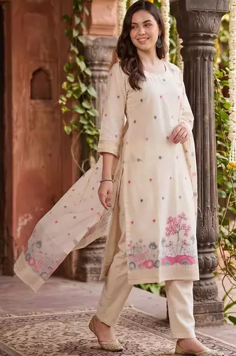 women ethnic motifs printed regular thread work kurta with trousers & with dupatta