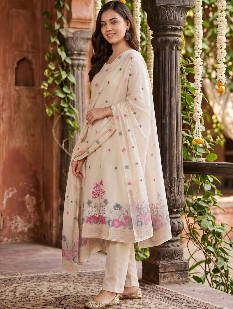 women ethnic motifs printed regular thread work kurta with trousers & with dupatta