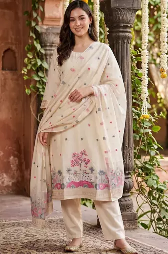 women ethnic motifs printed regular thread work kurta with trousers & with dupatta