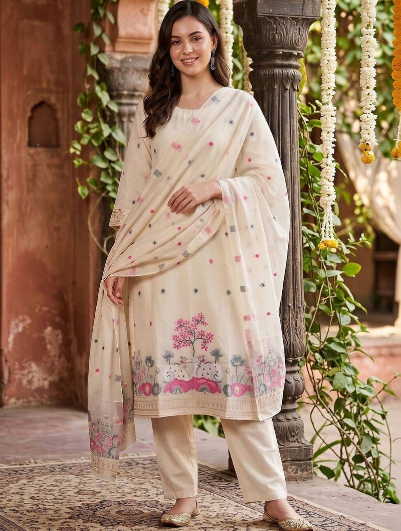 women ethnic motifs printed regular thread work kurta with trousers & with dupatta