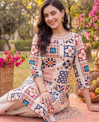 women printed regular kurta with trousers 5