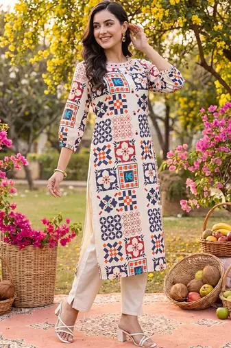 women printed regular kurta with trousers