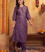 women ethnic motifs printed regular thread work kurta with trousers