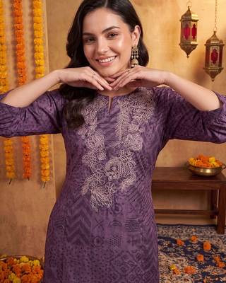 women ethnic motifs printed regular thread work kurta with trousers 6