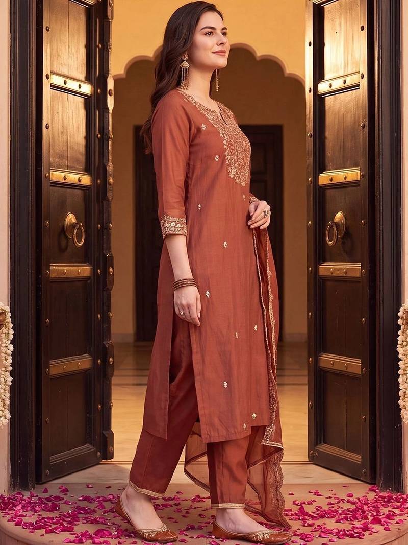 women floral embroidered regular liva kurta with trousers & with dupatta