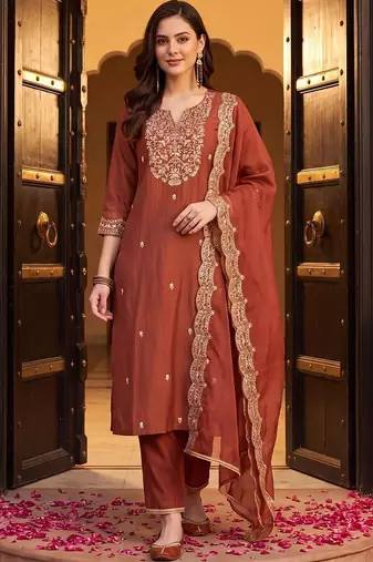 women floral embroidered regular liva kurta with trousers & with dupatta