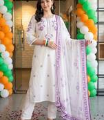 women floral embroidered regular thread work cotton kurta with trousers & with dupatta