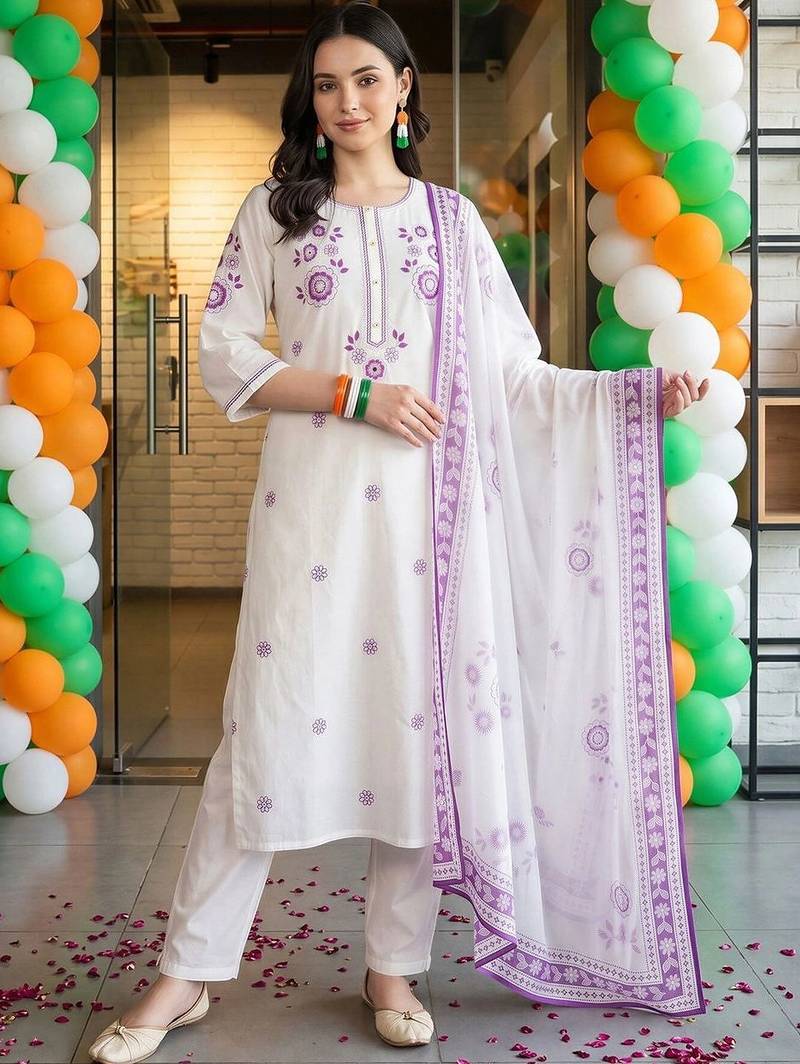 women floral embroidered regular thread work cotton kurta with trousers & with dupatta