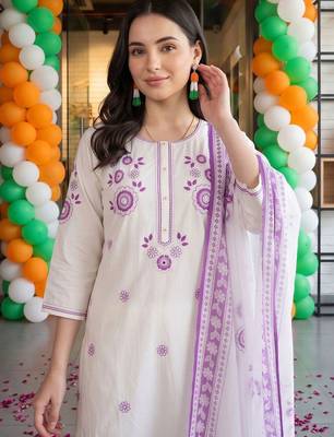 women floral embroidered regular thread work cotton kurta with trousers & with dupatta 5