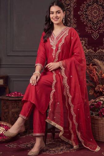 women ethnic motifs embroidered regular thread work liva kurta with trousers & with dupatta
