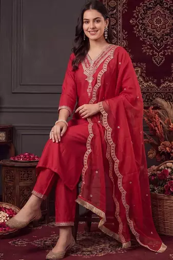 women ethnic motifs embroidered regular thread work liva kurta with trousers & with dupatta