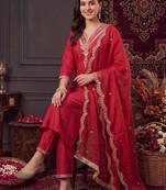 women ethnic motifs embroidered regular thread work liva kurta with trousers & with dupatta