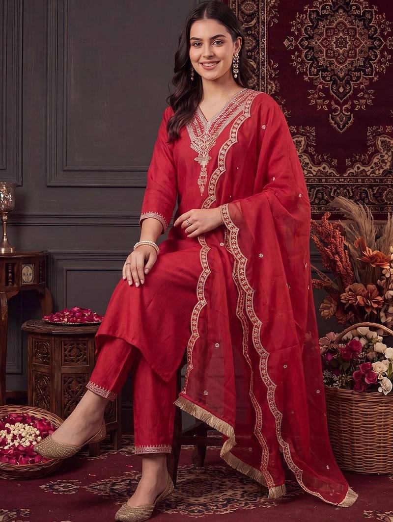 women ethnic motifs embroidered regular thread work liva kurta with trousers & with dupatta