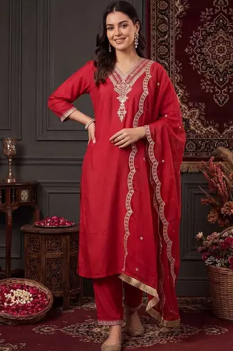 women ethnic motifs embroidered regular thread work liva kurta with trousers & with dupatta
