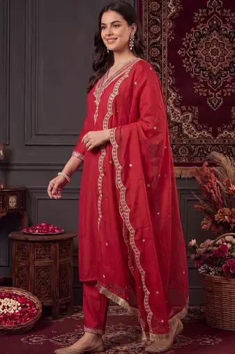 women ethnic motifs embroidered regular thread work liva kurta with trousers & with dupatta