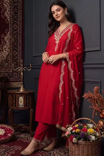 women ethnic motifs embroidered regular thread work liva kurta with trousers & with dupatta