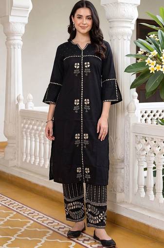 women ethnic motifs printed regular cotton kurta with trousers