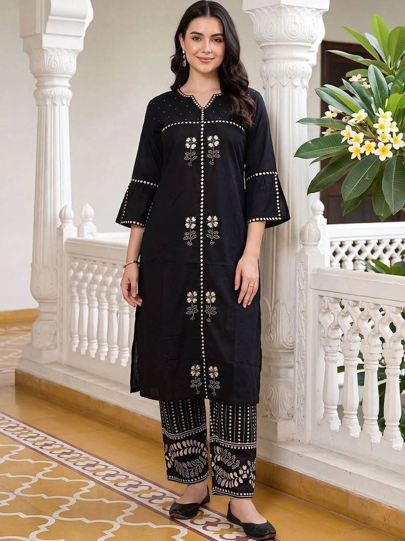 women ethnic motifs printed regular cotton kurta with trousers