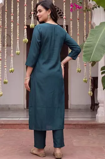 women ethnic motifs embroidered regular thread work kurta with trousers
