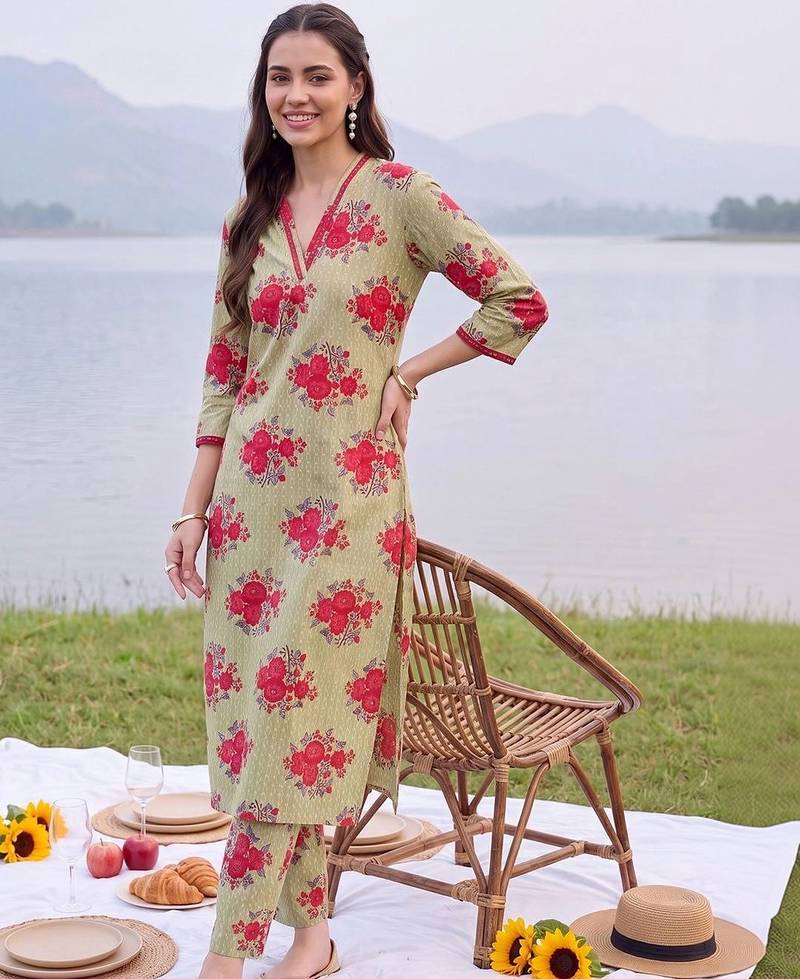 women floral printed regular cotton kurta with trousers