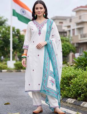 women ethnic motifs thread work cotton kurta with trousers & with dupatta 1