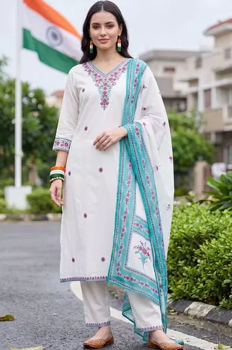 women ethnic motifs thread work cotton kurta with trousers & with dupatta