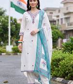 women ethnic motifs thread work cotton kurta with trousers & with dupatta