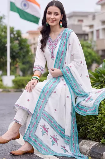 women ethnic motifs thread work cotton kurta with trousers & with dupatta