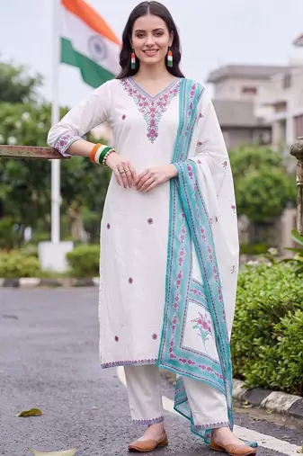 women ethnic motifs thread work cotton kurta with trousers & with dupatta
