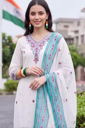 women ethnic motifs thread work cotton kurta with trousers & with dupatta