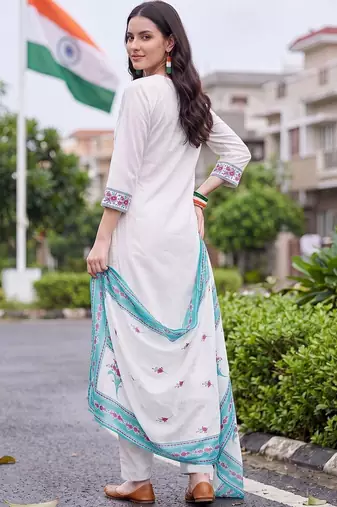 women ethnic motifs thread work cotton kurta with trousers & with dupatta
