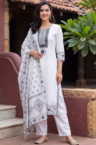 women ethnic motifs embroidered regular mirror work cotton kurta with trousers & with dupatta