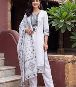 women ethnic motifs embroidered regular mirror work cotton kurta with trousers & with dupatta
