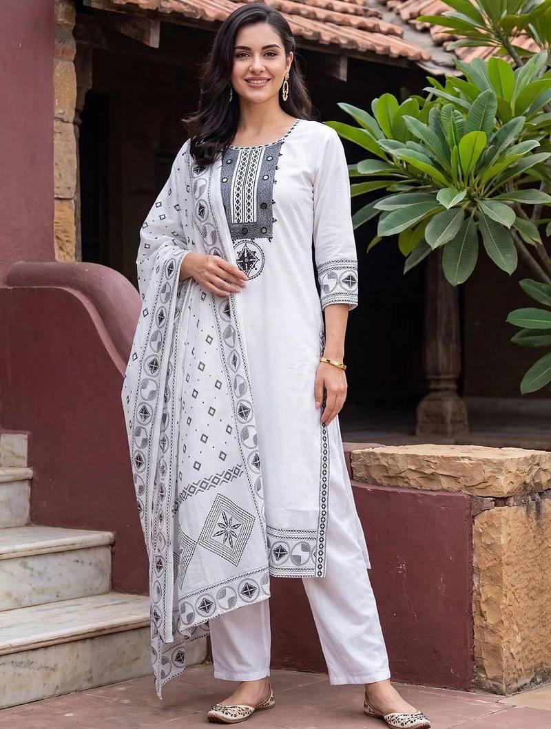 women ethnic motifs embroidered regular mirror work cotton kurta with trousers & with dupatta