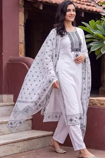 women ethnic motifs embroidered regular mirror work cotton kurta with trousers & with dupatta