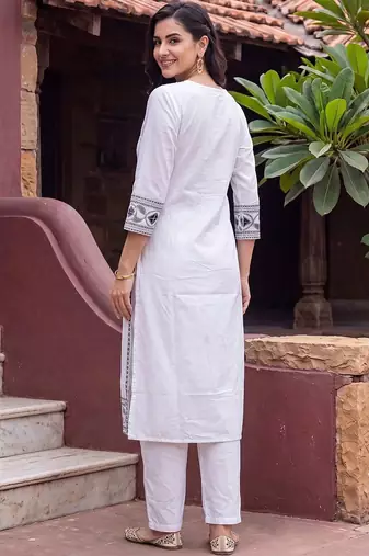 women ethnic motifs embroidered regular mirror work cotton kurta with trousers & with dupatta