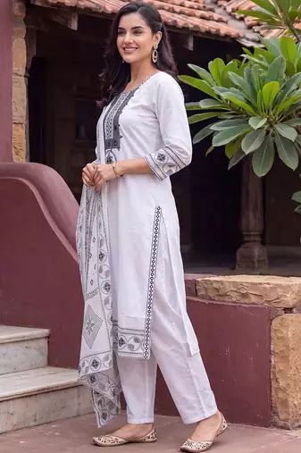 women ethnic motifs embroidered regular mirror work cotton kurta with trousers & with dupatta