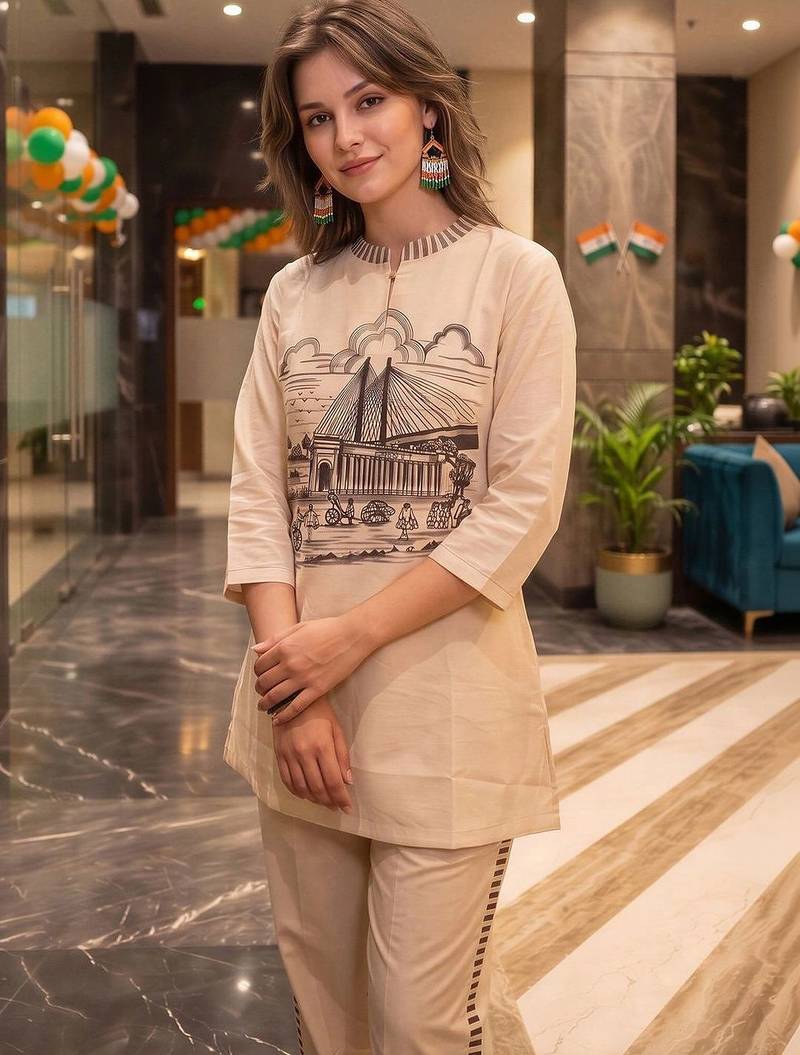 women printed regular kurti with trousers