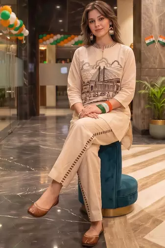 women printed regular kurti with trousers