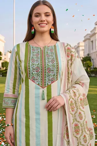 women printed regular thread work cotton kurta with trousers & with dupatta