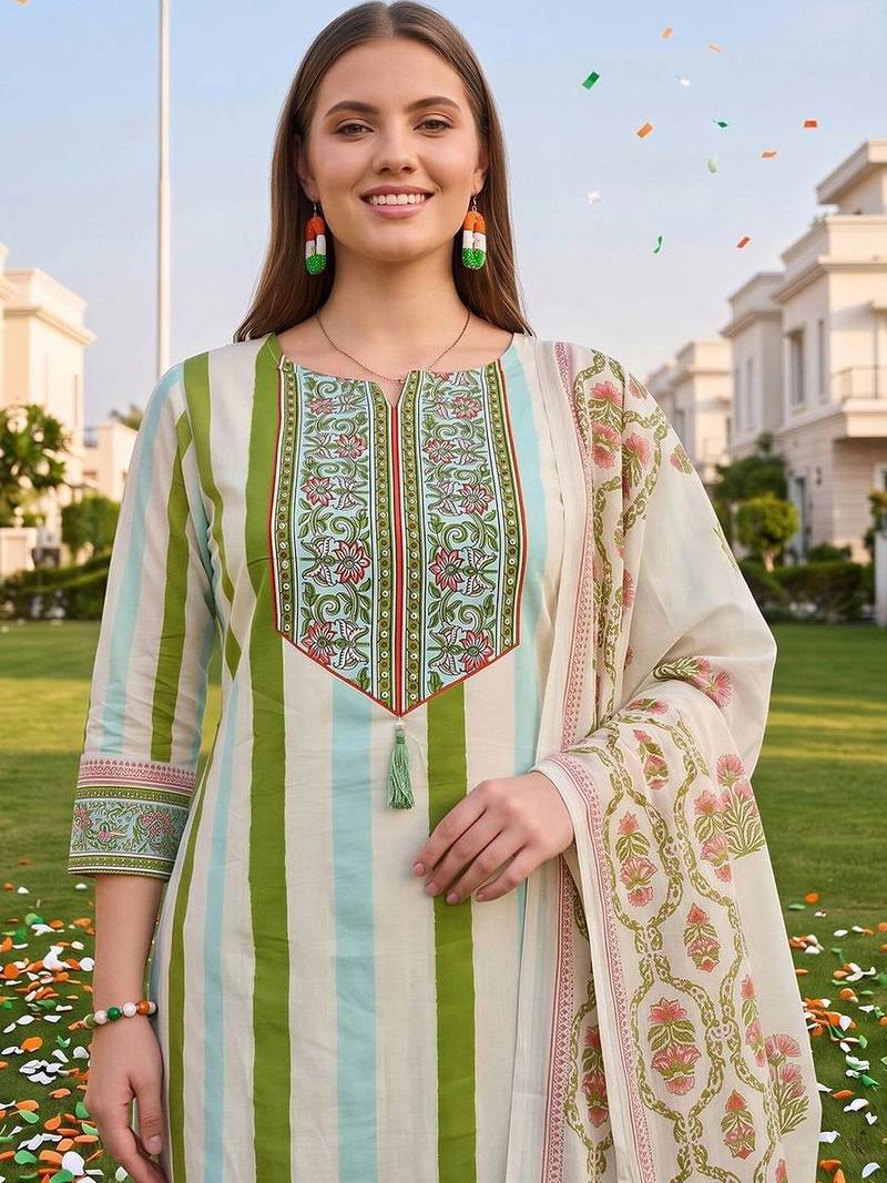 women printed regular thread work cotton kurta with trousers & with dupatta